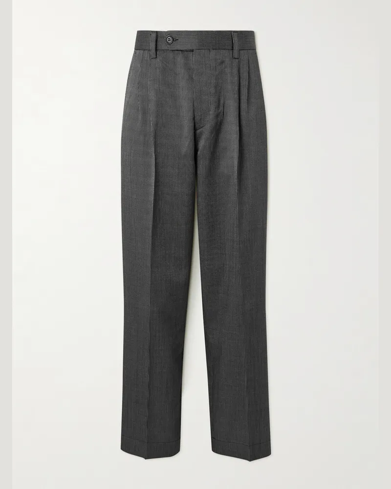 Mfpen Straight-Leg Pleated Striped Wool and Silk-Blend Trousers Gray