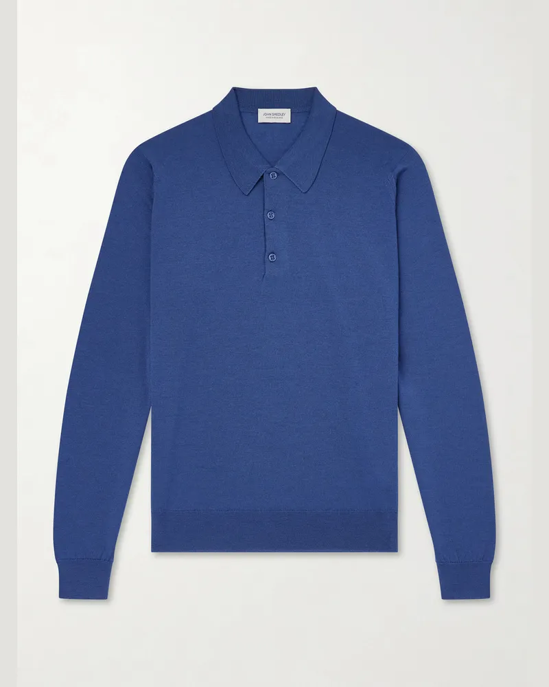 John Smedley Caverhill Knitted Merino Wool Polo Shirt Blue