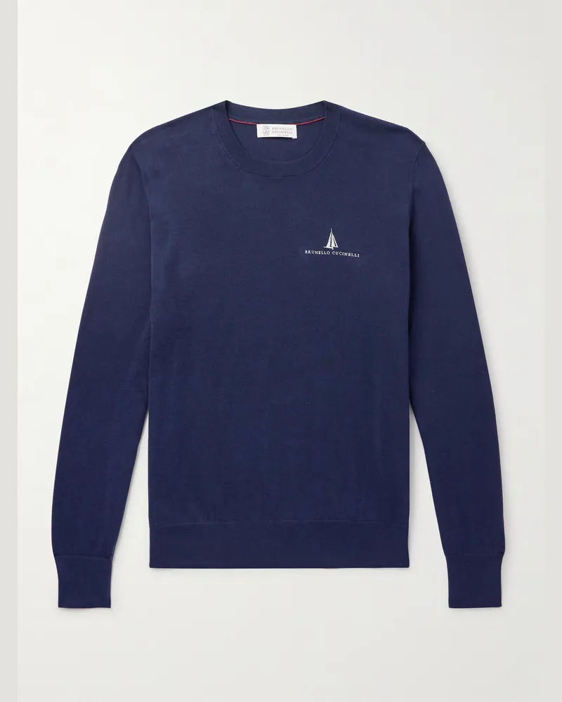 Brunello Cucinelli Oberteil aus Baumwolle mit Logostickerei Blau