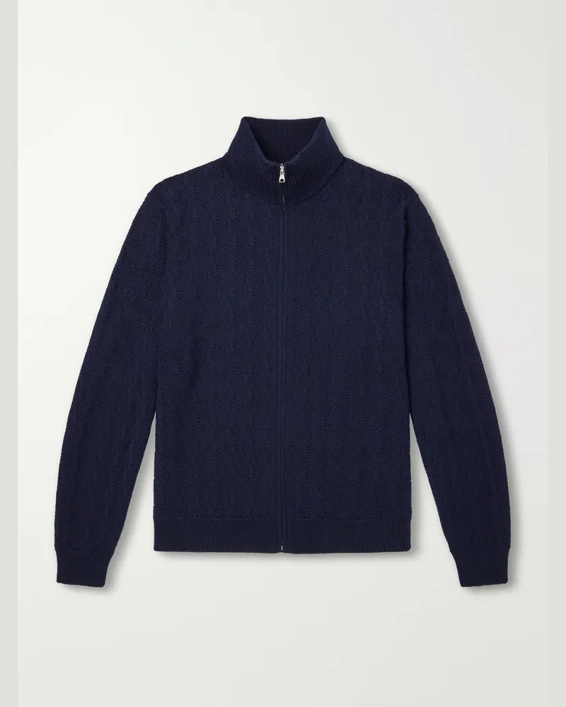 MR P. Pointelle-Knit Merino Wool Zip-Up Cardigan Blue