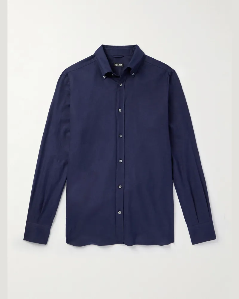Ermenegildo Zegna Hemd aus gebürstetem Baumwoll-Twill mit Button-Down-Kragen Blau