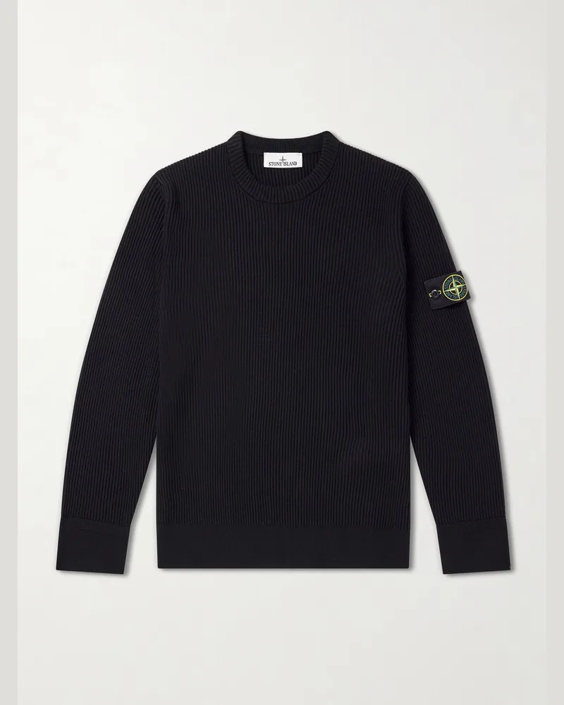 Stone Island Logo-Appliquéd Ribbed Virgin Wool Sweater Black