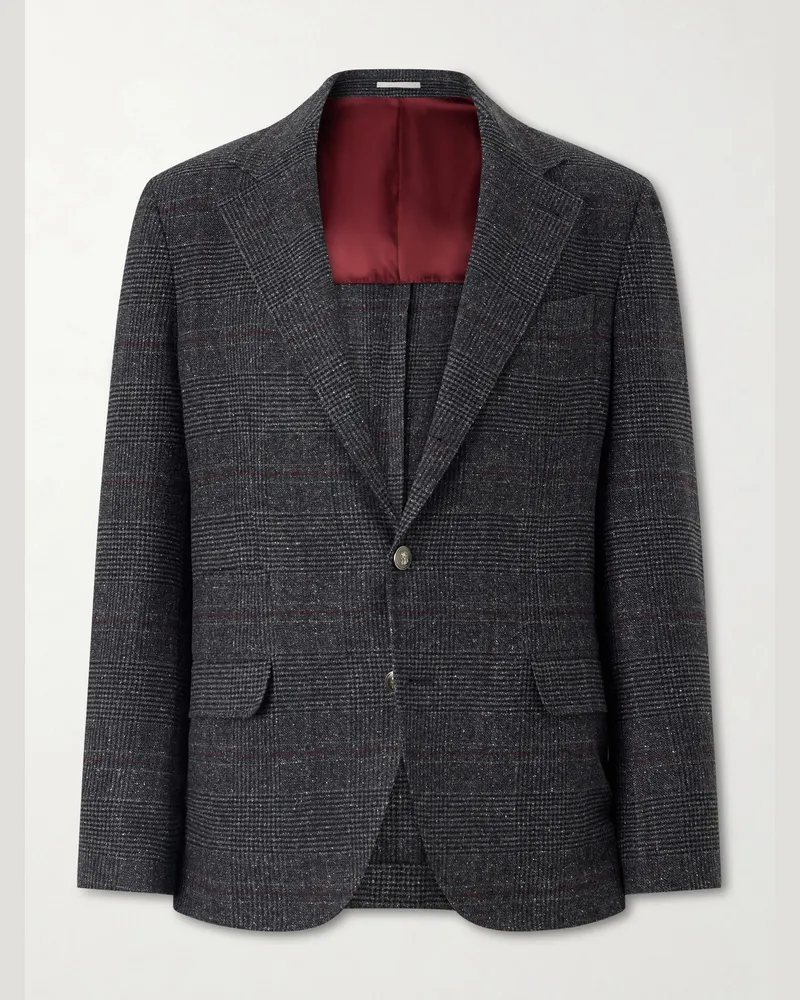 Brunello Cucinelli Checked Silk, Wool and Cashmere-Blend Suit Jacket Brown