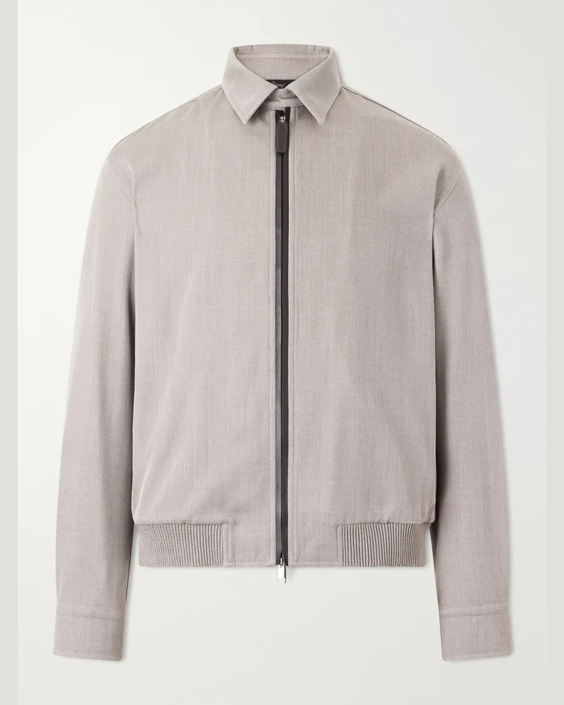 Brioni Leather-Trimmed Wool-Twill Blouson Jacket Gray