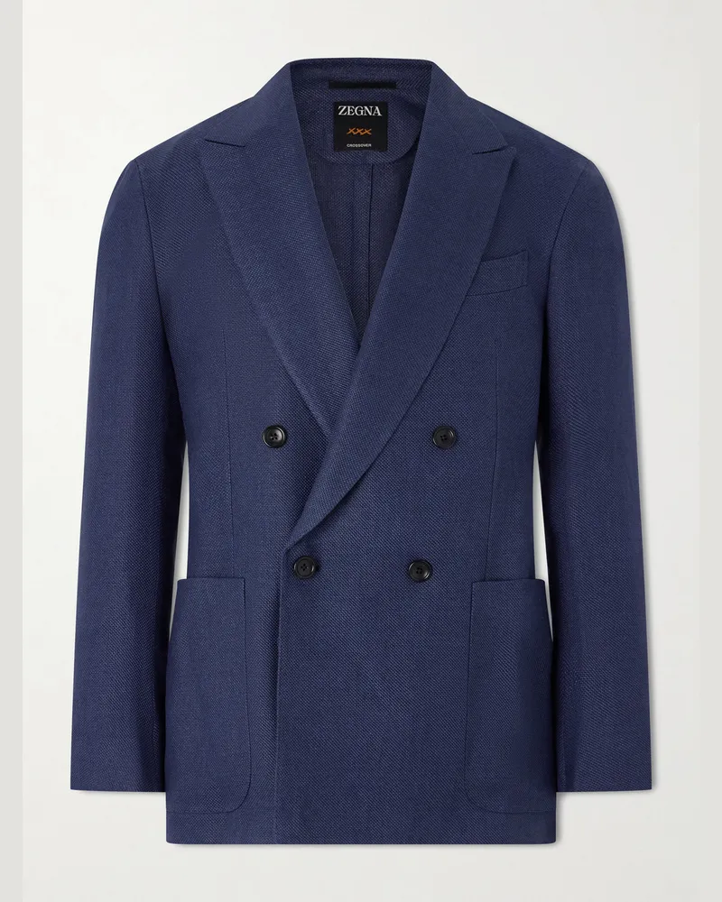 Ermenegildo Zegna Double-Breasted Linen, Wool and Silk-Blend Blazer Blue