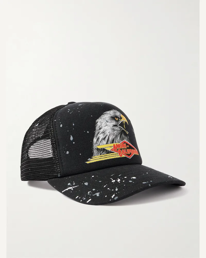 Amiri Baseballkappe aus wattiertem Baumwoll-Canvas und Mesh mit Print und Farbklecksen Schwarz