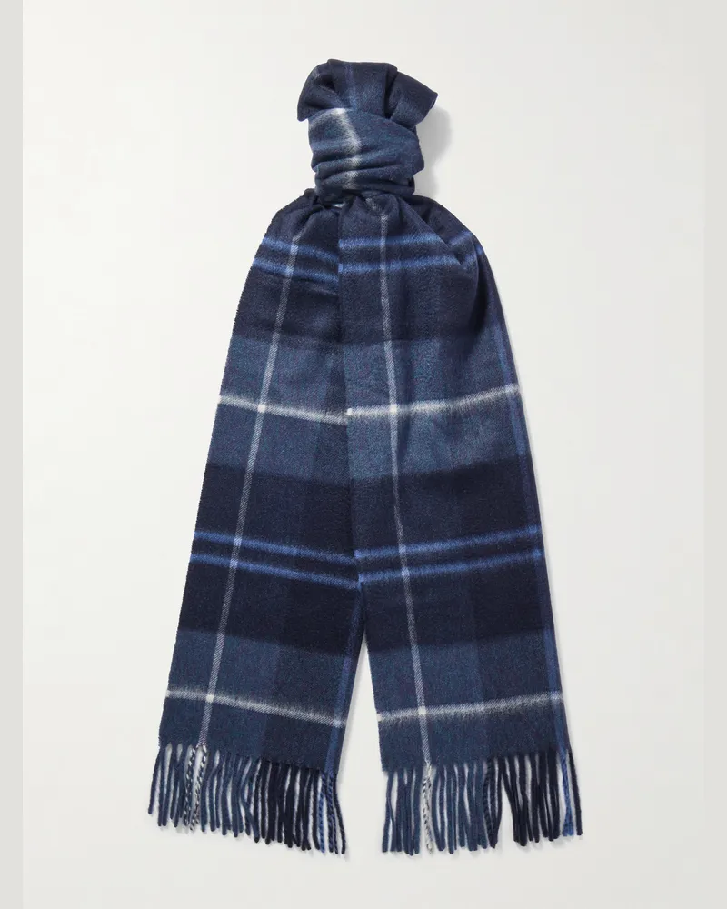 Johnstons of Elgin Fringed Checked Cashmere Scarf Blue