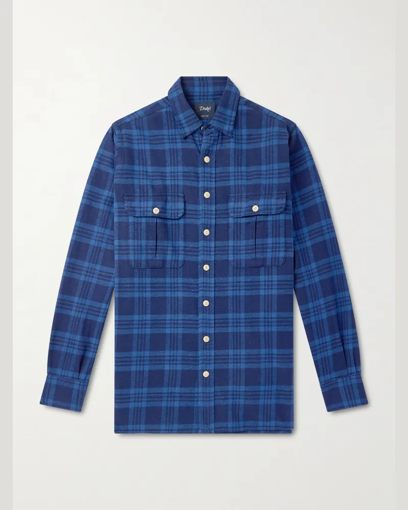 Drake's Kariertes Hemd aus Baumwollflanell Blau