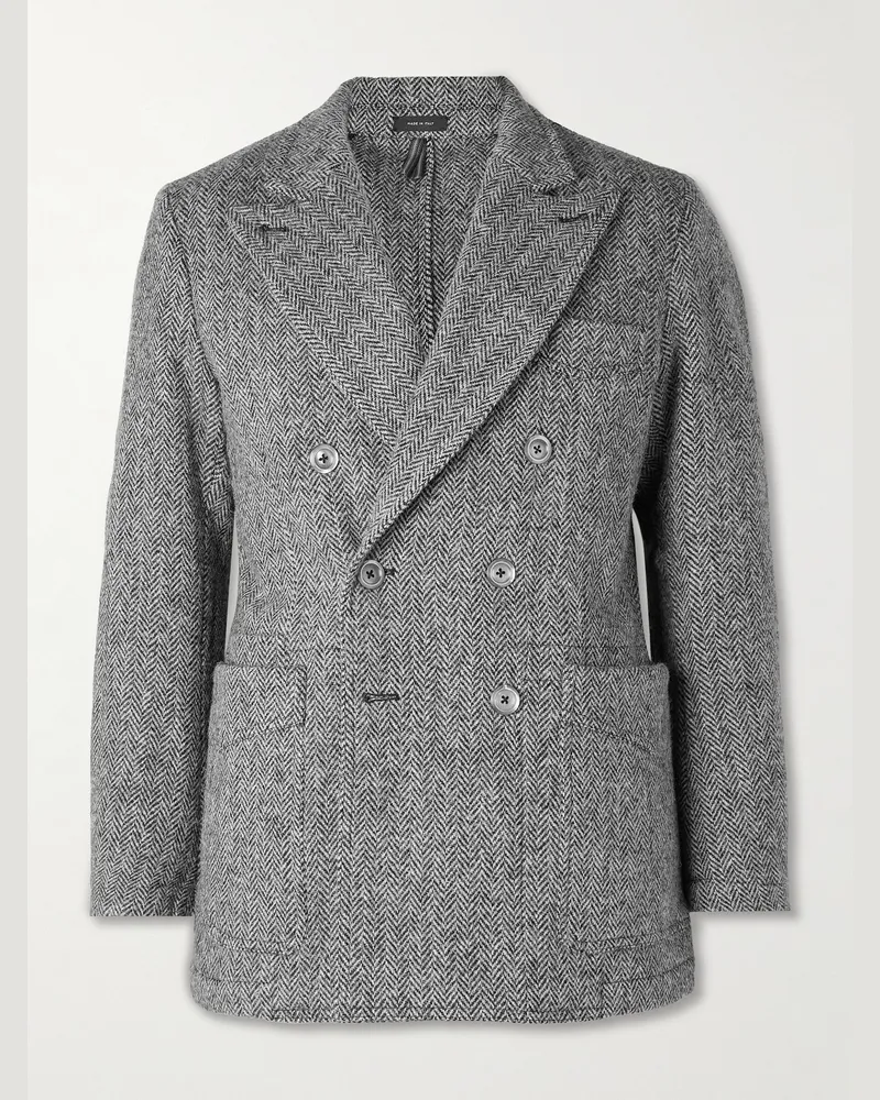 Drake's HIM Games Double-Breasted Herringbone Wool-Tweed Blazer Gray