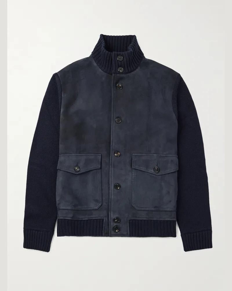 Slowear Incotex Virgin Wool-Trimmed Suede Jacket Blue