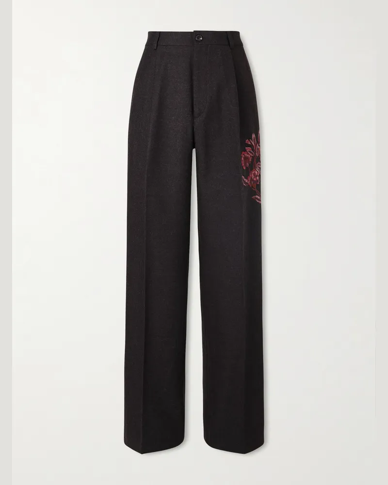 Dries van Noten Wide-Leg Pleated Embroidered Wool-Flannel Trousers Brown