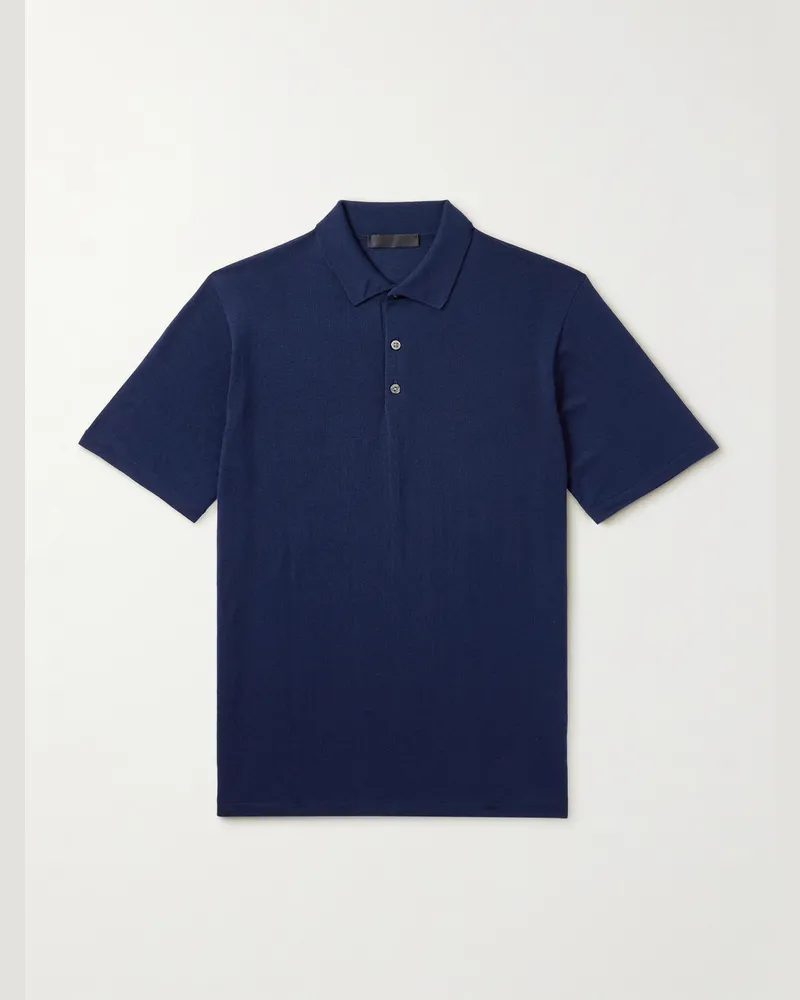 SAMAN AMEL Slim-Fit Wool Polo Shirt Blue