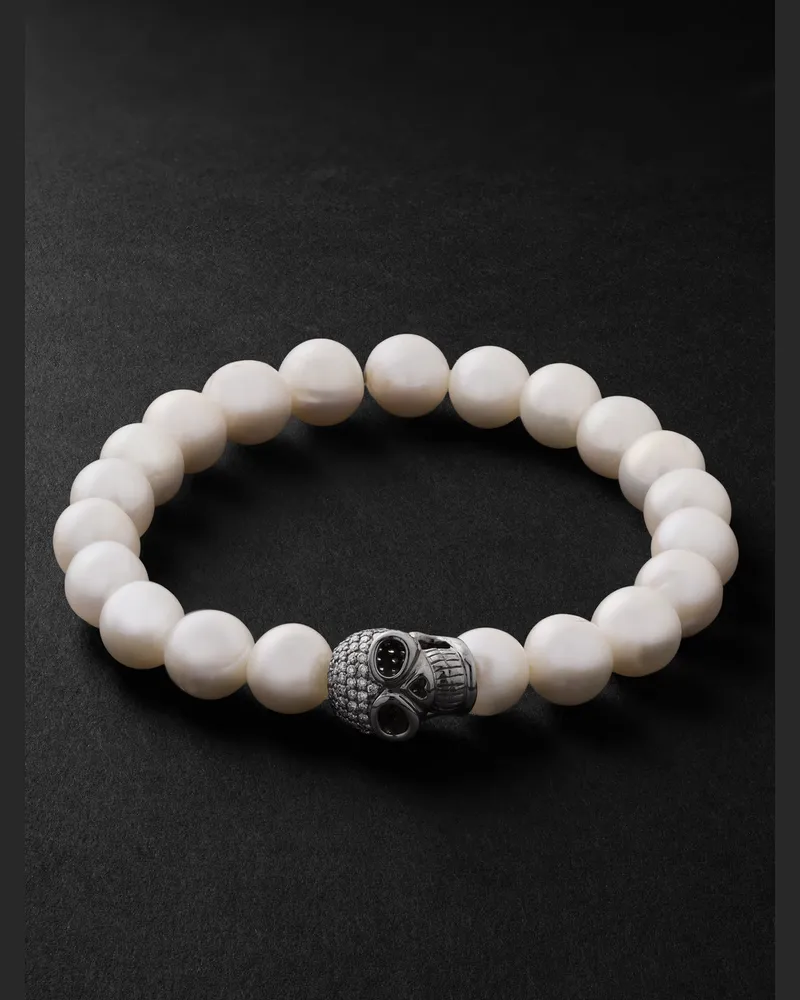 Sydney Evan Skull Rhodium-Plated, Diamond and Pearl Beaded Bracelet White
