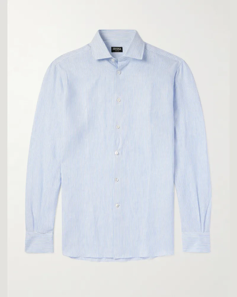 Ermenegildo Zegna Gestreiftes Hemd aus „Oasi“-Leinen Blau