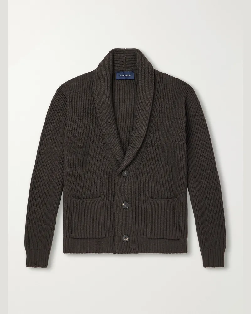 Thom Sweeney Shawl-Collar Ribbed Merino Wool Cardigan Brown