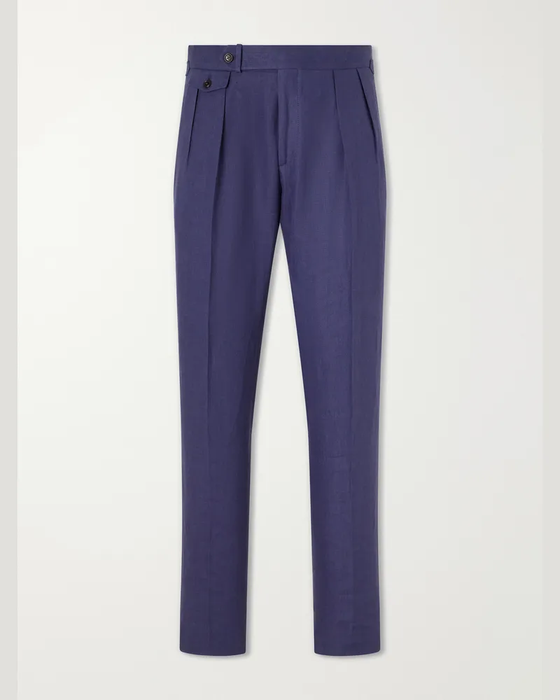 Ralph Lauren Straight-Leg Pleated Linen Suit Trousers Blue