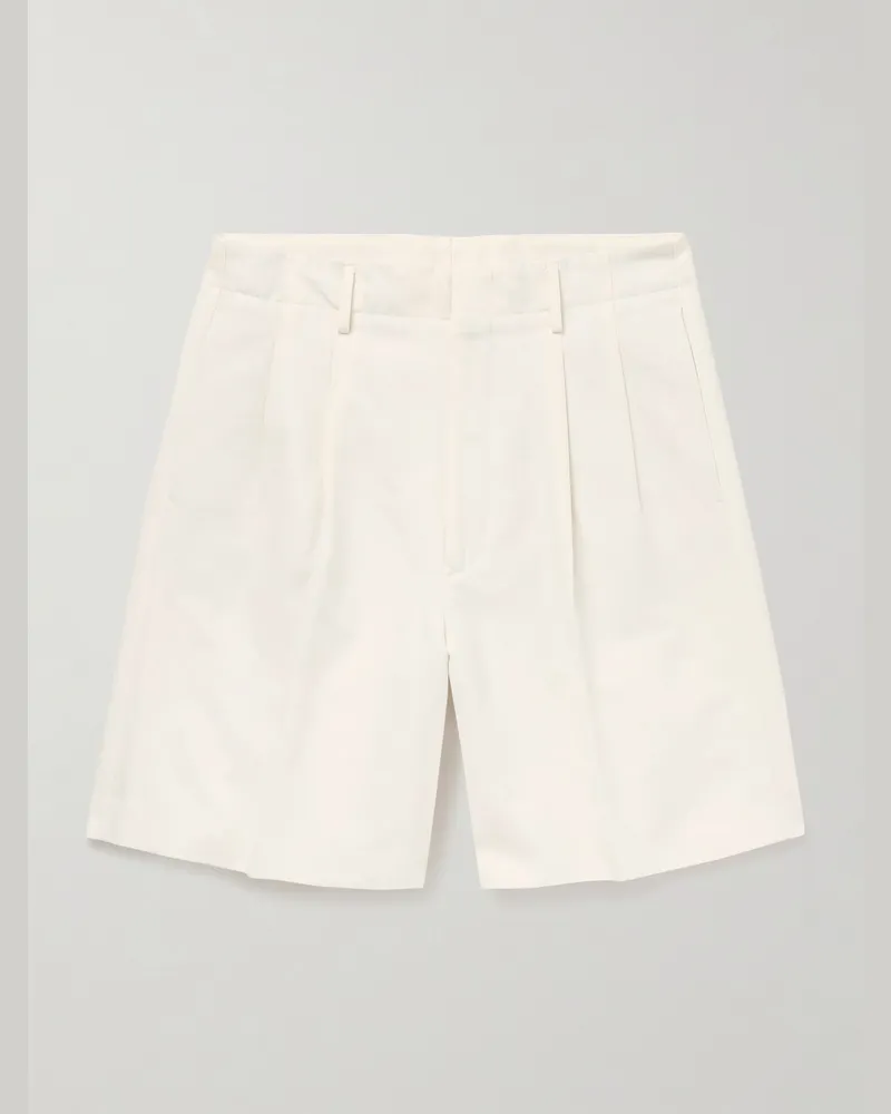 Loro Piana Joetsu Wide-Leg Pleated Cotton and Linen-Blend Twill Shorts Neutrals