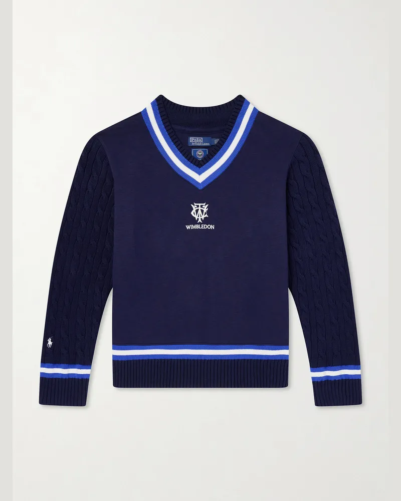 Ralph Lauren Wimbledon Logo-Embroidered Cable-Knit Cotton-Blend Fleece Sweater Blue