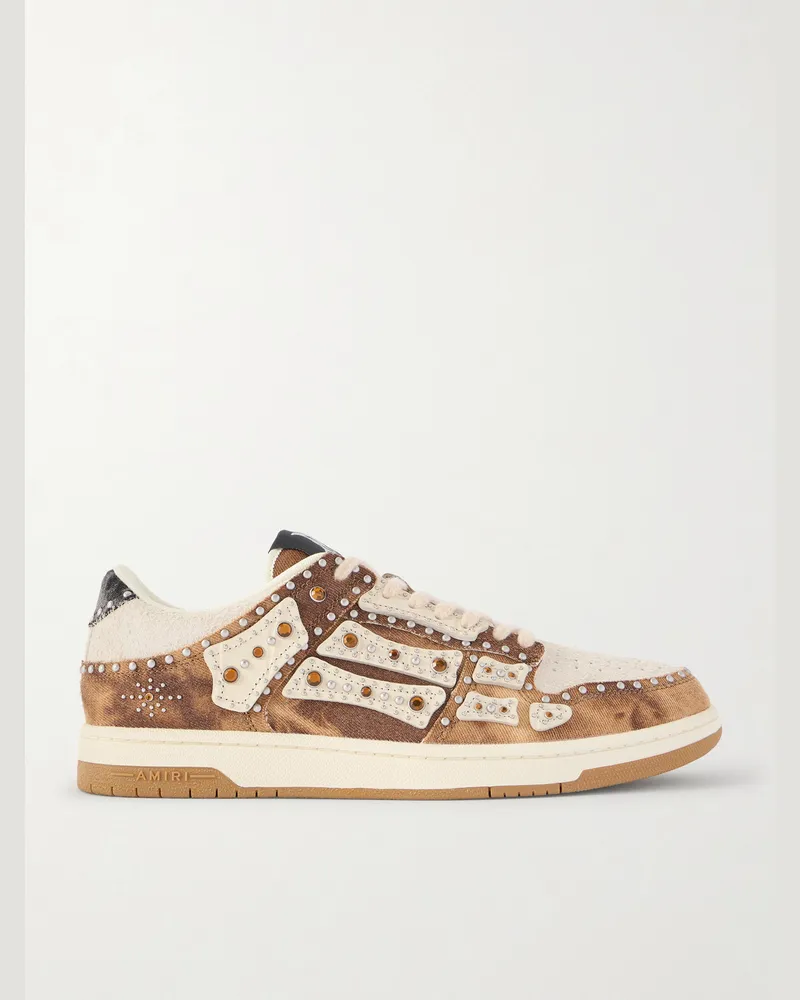 Amiri Skel-Top Sneakers aus Denim mit Velourslederbesatz, Nieten und Applikationen Braun