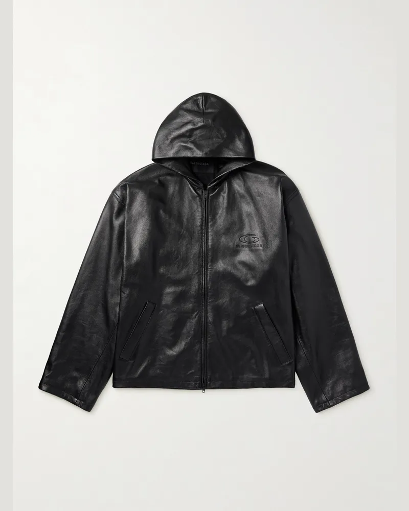 Balenciaga Oversized Logo-Debossed Leather Hooded Jacket Black