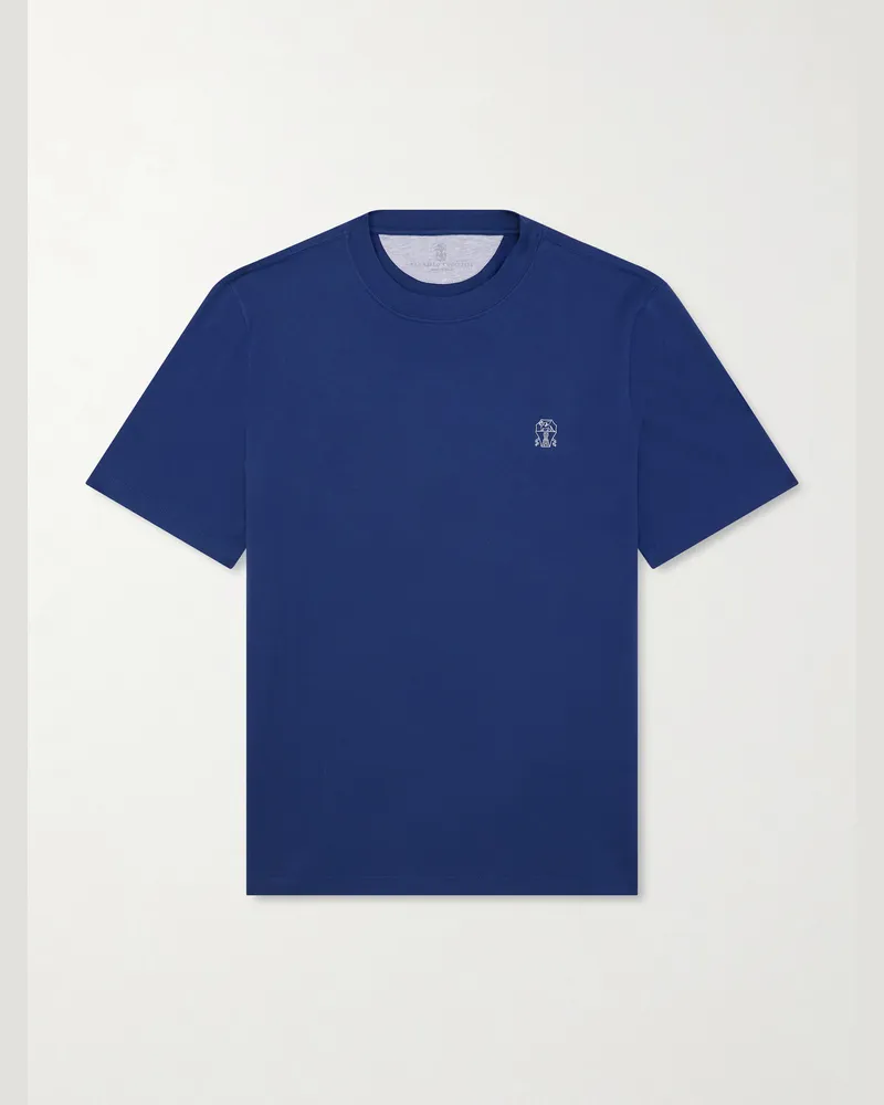 Brunello Cucinelli Layered Logo-Print Cotton-Jersey T-Shirt Blue