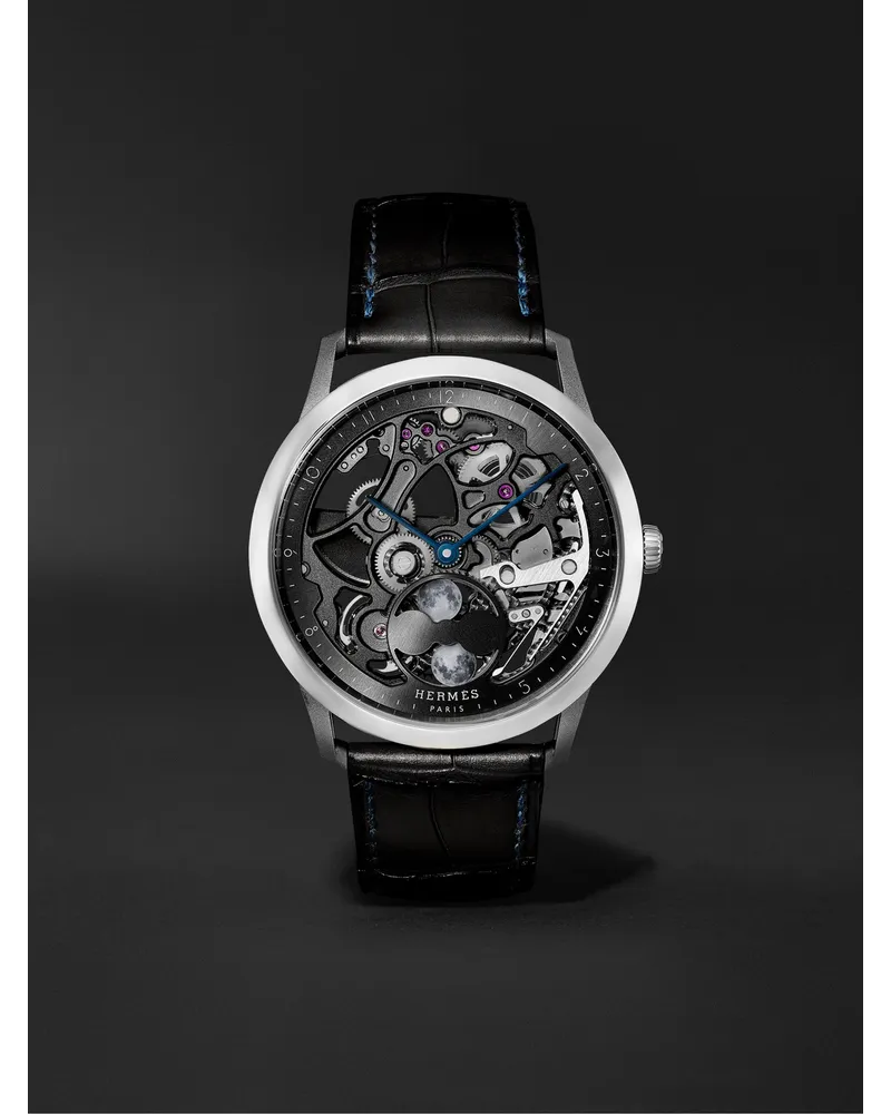 Hermès Slim d'Hermès Squelette Lune 39,5mm Automatic Uhr aus Titan mit Alligatorlederarmband, Ref.-Nr. 053606WW00 Schwarz