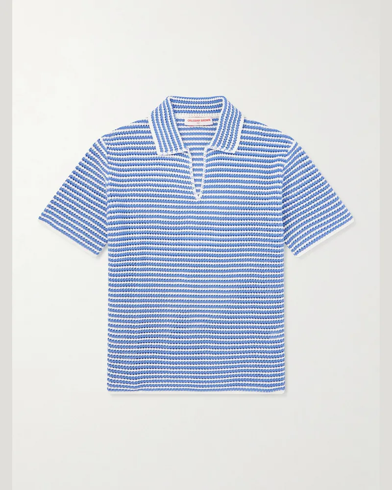 Orlebar Brown Batten Striped Open-Knit Cotton Polo Shirt Blue