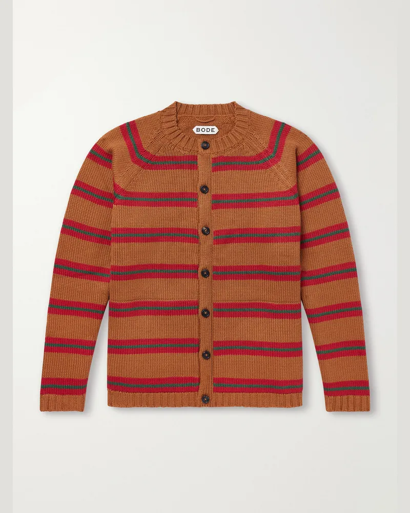 BODE Holly Striped Cotton and Merino Wool-Blend Cardigan Orange