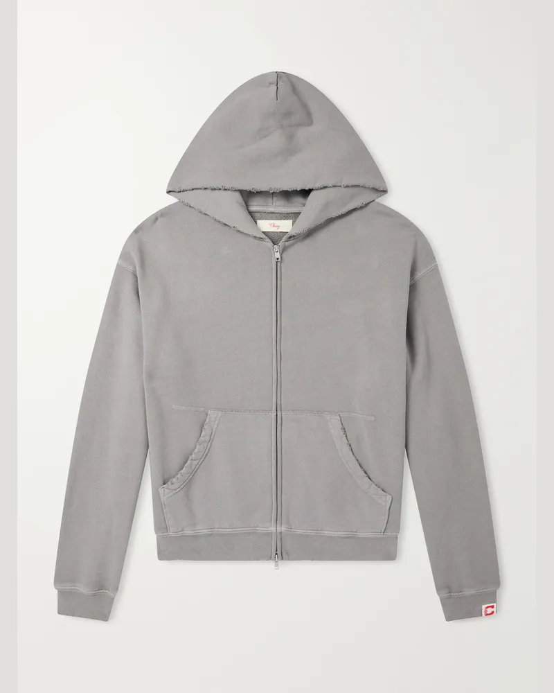 Cherry Los Angeles Distressed Cotton-Fleece Zip-Up Hoodies Gray