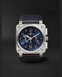 Bell & Ross BR 03-94 Blue Steel Chronograph 42 mm Uhr aus Stahl mit automatischem Aufzug und Lederarmband, Ref.-Nr.: BR0394‐BLU-­ST/SCA Blau