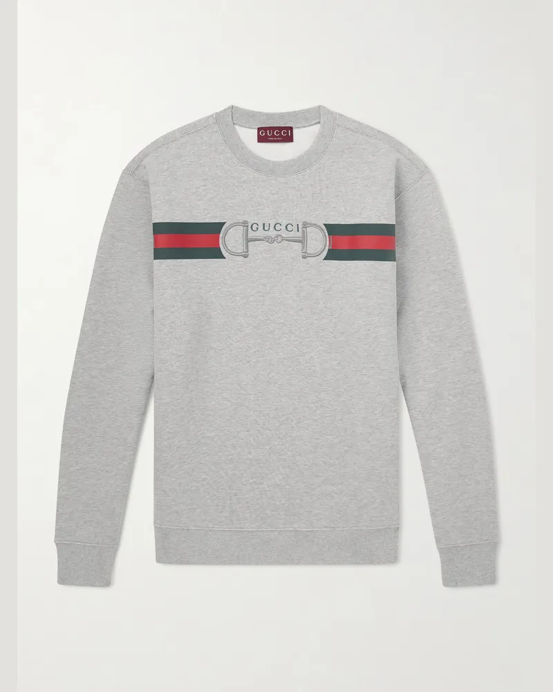 Gucci Logo-Embroidered Striped Cotton-Jersey Sweater Gray