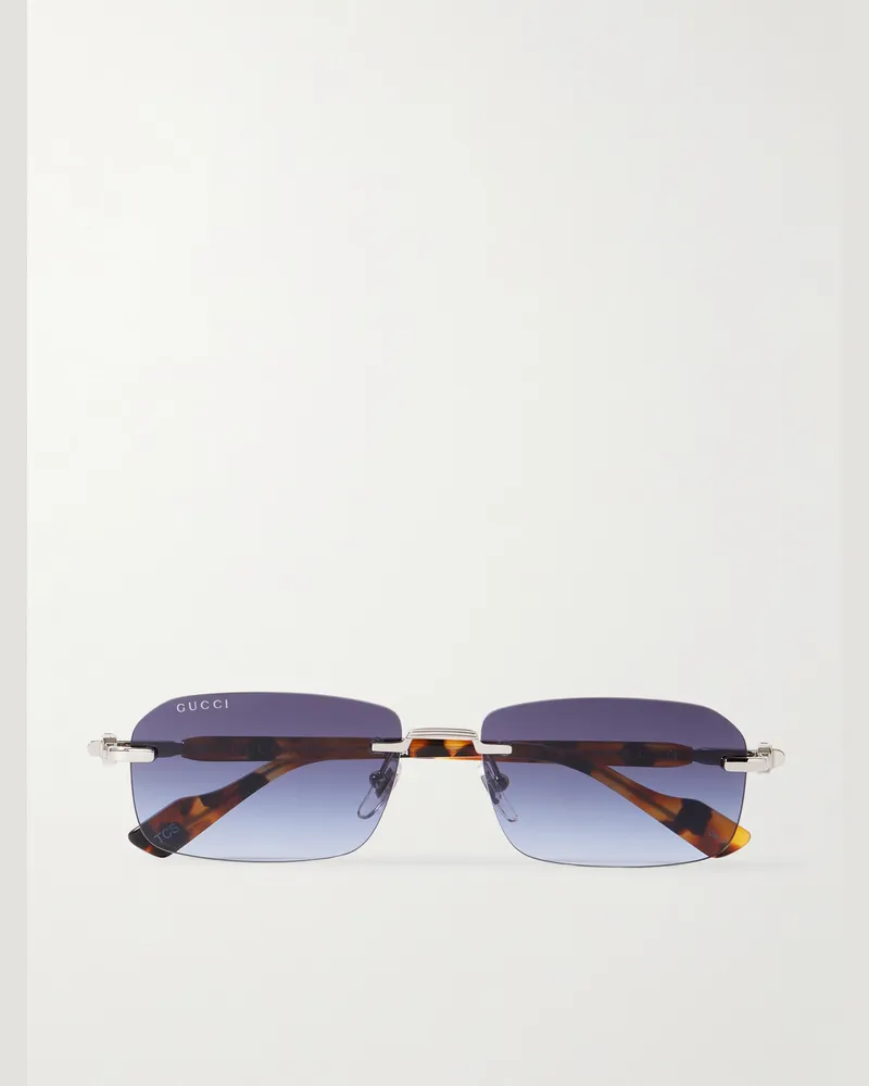 Gucci Rahmenlose rechteckige Sonnenbrille mit silberfarbenen Details und Bügeln aus Azetat in Schildpattoptik Horn
