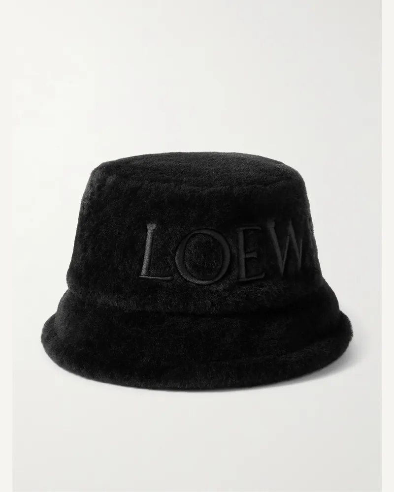 Loewe Fischerhut aus Shearling mit Logostickerei Schwarz