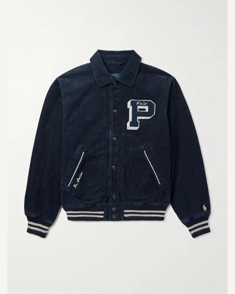 Ralph Lauren Collegejacke aus wattiertem Baumwollcord mit Logoapplikation Blau