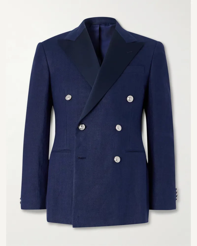 Ralph Lauren Double-Breasted Satin-Trimmed Linen-Canvas Blazer Blue
