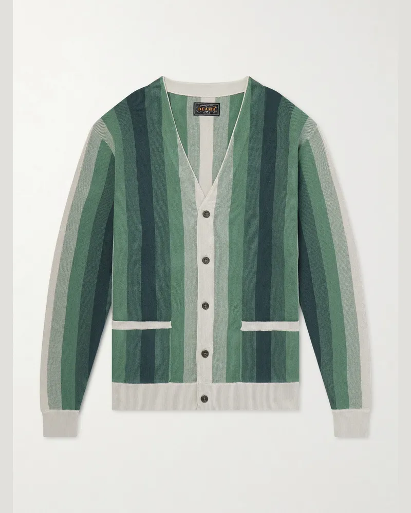 Beams Plus Striped Cotton Cardigan Green