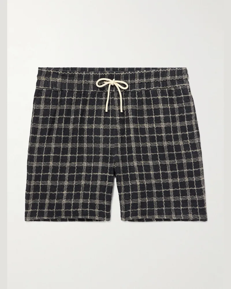 Portuguese Flannel Dorne gerade geschnittene Shorts aus kariertem Jacquard aus einer Baumwoll-Leinenmischung mit Kordelzugbund Schwarz