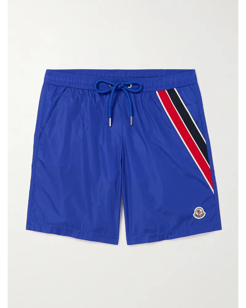 Moncler Gerade geschnittene mittellange Badeshorts aus recyceltem Material mit Streifen und Logoapplikation Blau