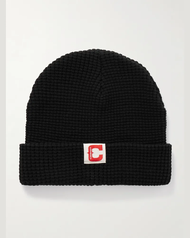 Cherry Los Angeles Beanie aus Baumwolle in Waffelstrick mit Logoapplikation Schwarz