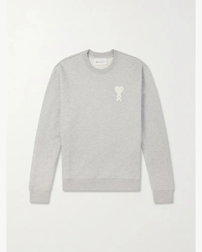 AMI Paris Logo-Embroidered Cotton-Blend Jersey Sweater Gray