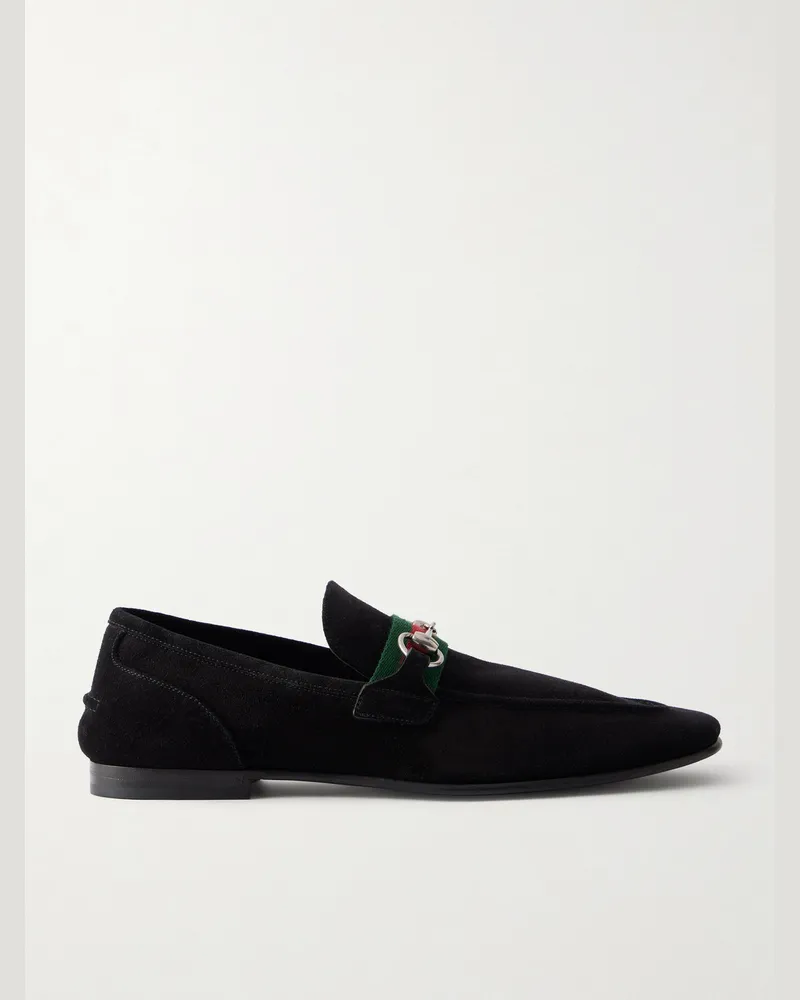 Gucci Como Horsebit-Embellished Web-Trimmed Suede Loafers Black
