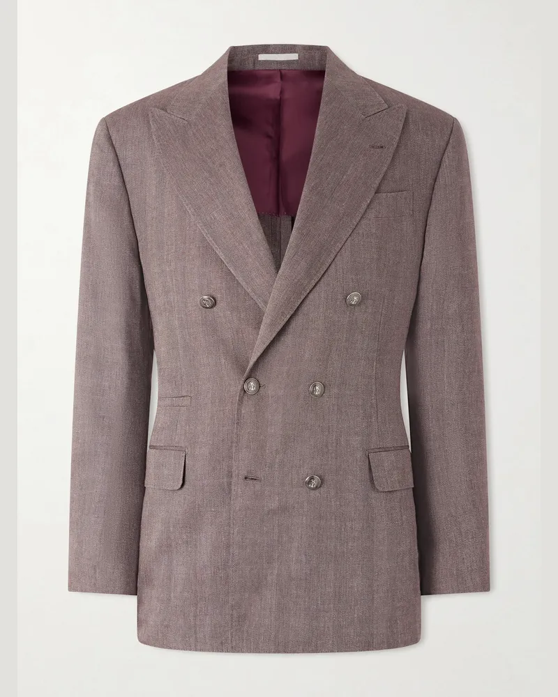 Brunello Cucinelli Double-Breasted Herringbone Linen and Virgin Wool-Blend Suit Jacket Brown