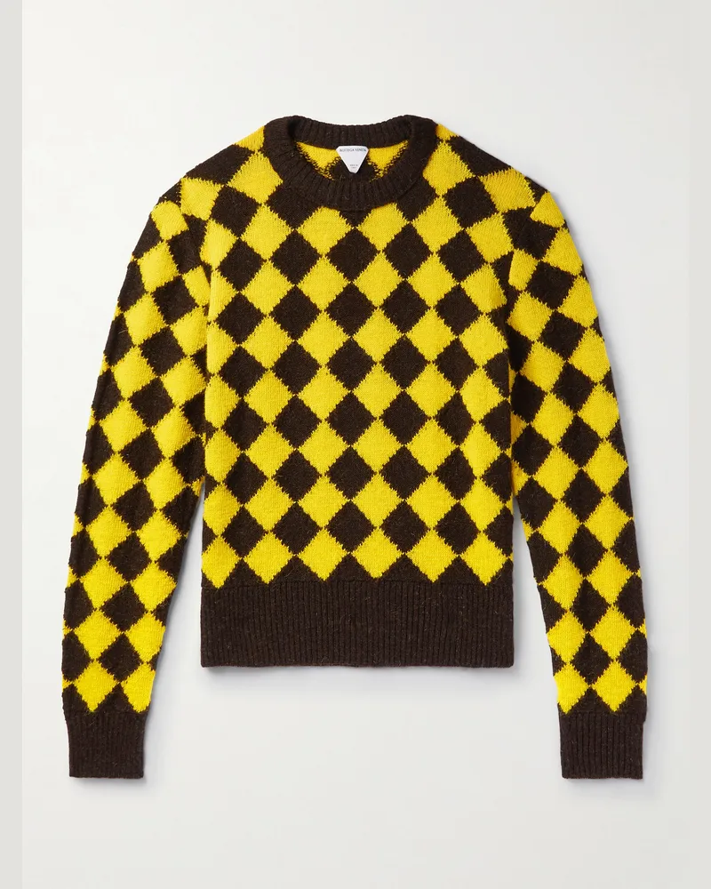 Bottega Veneta Pullover aus Wolle mit Argyle-Intarsienmuster und Logoapplikation Gelb