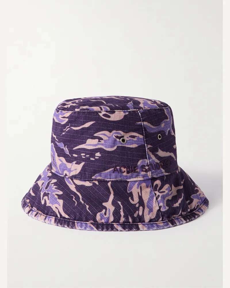 Acne Studios Brimmo Fischerhut aus Baumwoll-Ripstop mit Camouflage-Print und Logostickerei Lila