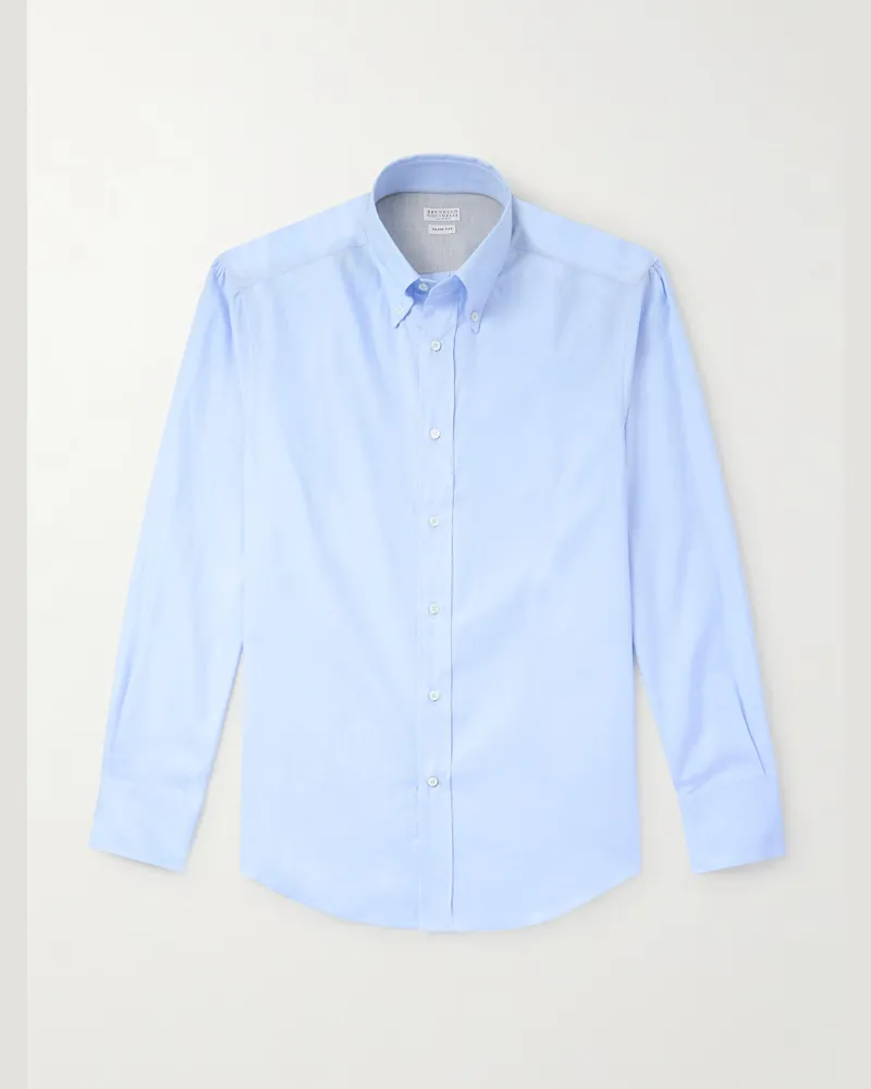 Brunello Cucinelli Schmal geschnittenes Hemd aus Baumwoll-Oxford mit Button-Down-Kragen Blau