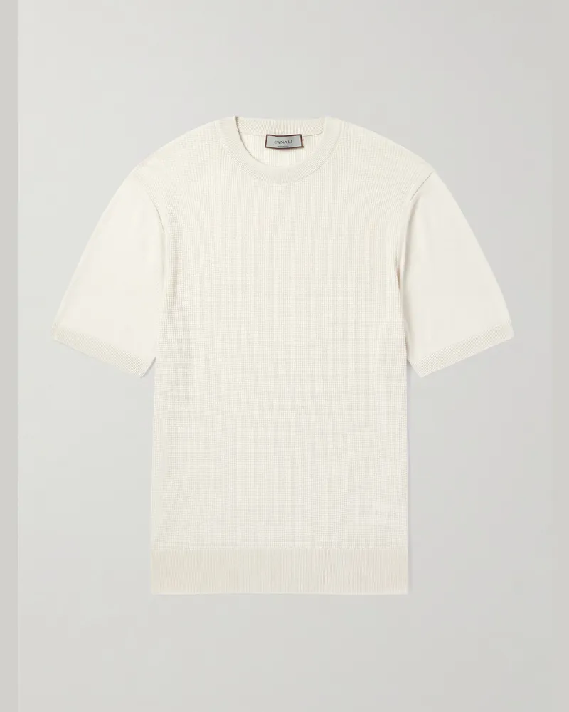 Canali Schmal geschnittenes T-Shirt aus einer Baumwoll-Seidenmischung in Waffelstrick Neutral