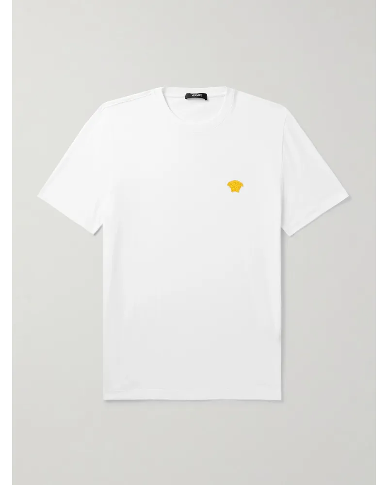 Versace Schmal geschnittenes T-Shirt aus Baumwoll-Jersey mit Logostickerei Weiß