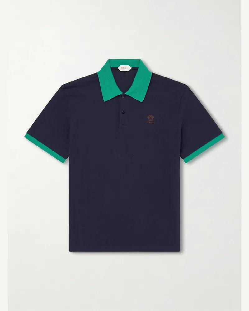 Versace Polohemd aus Baumwoll-Piqué mit Logostickerei Blau