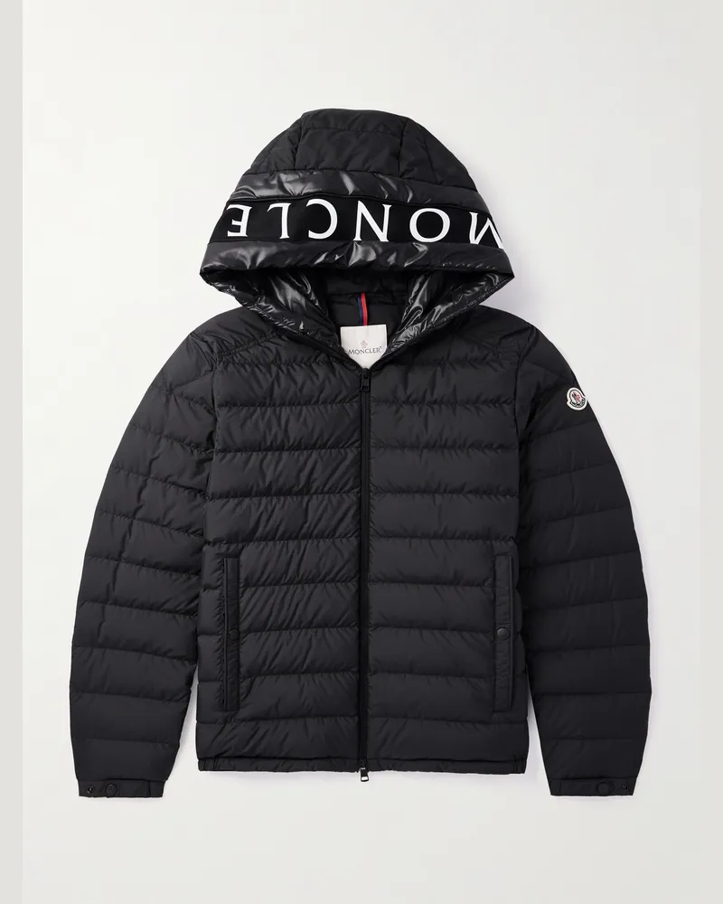 Moncler Daunenjacke aus gestepptem Shell mit Kapuze und Logoprint Schwarz
