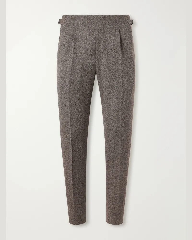 Ermenegildo Zegna Tapered Herringbone Wool and Cashmere-Blend Trousers Brown
